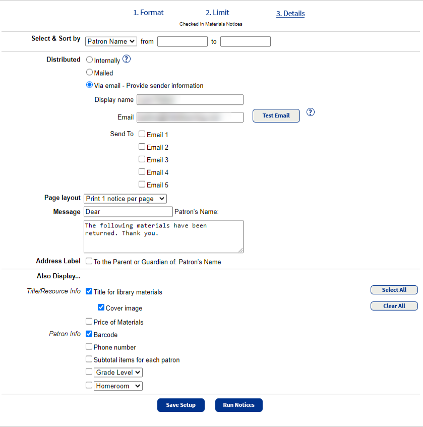 Checked in materials report details sections for notices